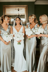 Hot 2025 Beach Sage Green Bridesmaid Dress V Neck with Bow Mychicdress